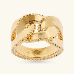 Anello a Fascia Martellato Catena Grumetta con Bordi a Palline