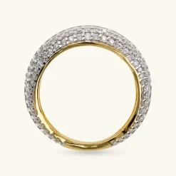 Anello a Fascia Martellato in Argento 925 Placcato Oro Giallo 18kt con Pavé in Cubic Zirconia