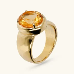 Anello Cocktail Martellato in Argento 925 placcato Oro Giallo 18Kt con Pietra Naturale Ovale