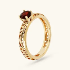 Anello Solitario Traforato in Argento 925 Placcato Oro Giallo 18kt con Pietra Naturale