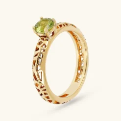 Anello Solitario Traforato in Argento 925 Placcato Oro Giallo 18kt con Pietra Naturale