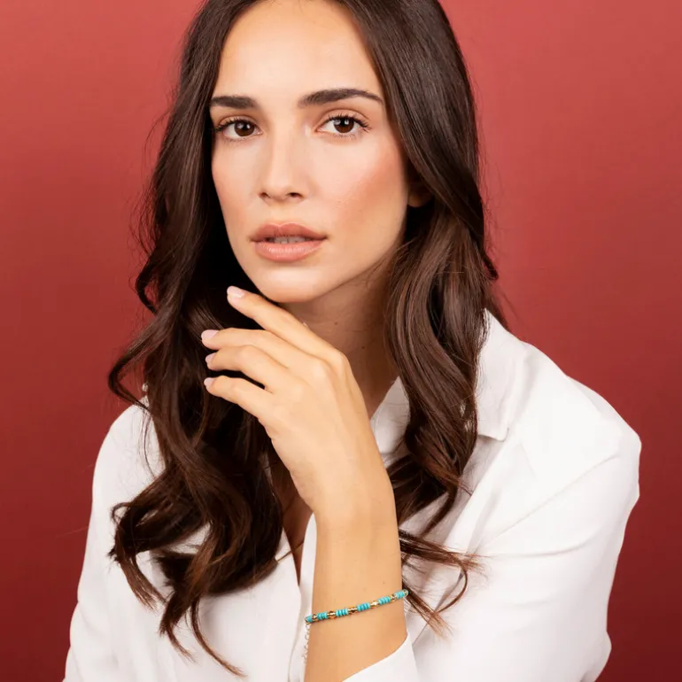 Bracciale con Rondelle in Pietra Naturale Turchese e Pepite Golden