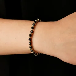 Bracciale Elastico con Rondelle Golden e Pietra Naturale Spinello Nero