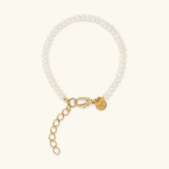 Bracciale in Argento 925 Placcato Oro Giallo 18kt con Rondelle in Perla Bianca d'Acqua Dolce Ø 3/3.5 mm