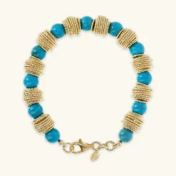 Bracciale in Argento 925 Placcato Oro Giallo 18kt con Rondelle Lavorate e Pietra Naturale Turchese