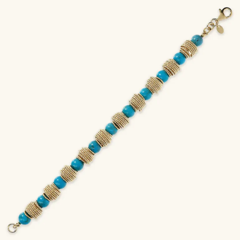 Bracciale in Argento 925 Placcato Oro Giallo 18kt con Rondelle Lavorate e Pietra Naturale Turchese