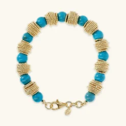 Bracciale in Argento 925 Placcato Oro Giallo 18kt con Rondelle Lavorate e Pietra Naturale Turchese