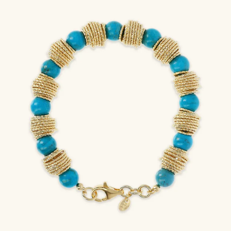 Bracciale in Argento 925 Placcato Oro Giallo 18kt con Rondelle Lavorate e Pietra Naturale Turchese