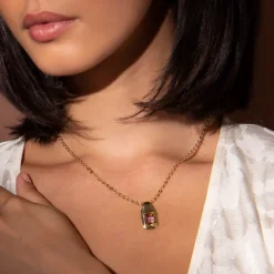 Collana Catena Forzatina con Pendente Martellato e Pietra Naturale