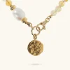 Collana Girocollo con Pietre Naturali Pendente Martellato e Perla Barocca Bianca d'Acqua Dolce Ø 9/10 mm