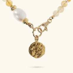 Collana Girocollo con Pietre Naturali Pendente Martellato e Perla Barocca Bianca d'Acqua Dolce Ø 9/10 mm