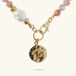 Collana Girocollo con Pietre Naturali Pendente Martellato e Perla Barocca Bianca d'Acqua Dolce Ø 9/10 mm