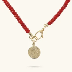 Collana Girocollo con Rondelle in Pietra Naturale e Ciondolo Moneta