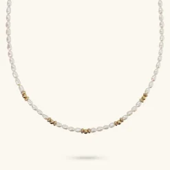 Collana Girocollo in Argento 925 placcato Oro Giallo 18kt con Sfere Golden e Perle a Chicco d'Acqua Dolce
