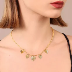 Collana Girocollo in Argento 925 placcata Oro Giallo 18Kt con Ciondoli Cuore Texture Rigata