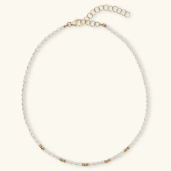 Collana Girocollo in Argento 925 placcato Oro Giallo 18kt con Sfere Golden e Perle a Chicco d'Acqua Dolce