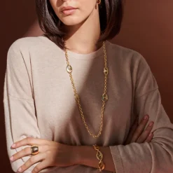 Collana Lunga Catena Rolo con Maglie Marine Martellate