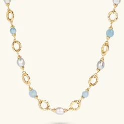 Collana Lunga con Anelli Martellati Quarzite Celeste e Perle d'Acqua Dolce Grigie Ø 11/11.5 mm