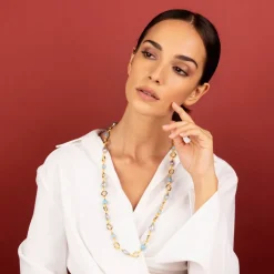 Collana Lunga con Anelli Martellati Quarzite Celeste e Perle d'Acqua Dolce Grigie Ø 11/11.5 mm