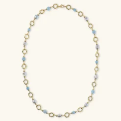 Collana Lunga con Anelli Martellati Quarzite Celeste e Perle d'Acqua Dolce Grigie Ø 11/11.5 mm