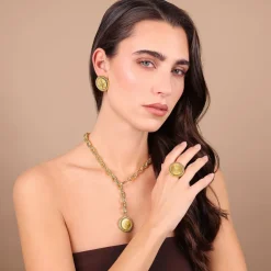 Collana Maglie Ovali Texture Rigata con Ciondolo Moneta