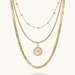Collana Multifilo con Pendente Tondo in Madreperla Bianca