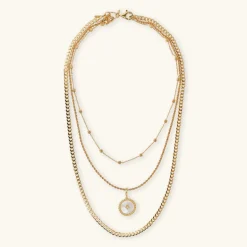 Collana Multifilo con Pendente Tondo in Madreperla Bianca