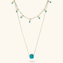 Collana Multifilo in Argento 925 Placcata Oro Giallo 18kt con Pietra Naturale Turchese e Perle Bianche d'Acqua Dolce Ø 4 mm