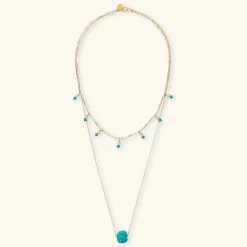 Collana Multifilo in Argento 925 Placcata Oro Giallo 18kt con Pietra Naturale Turchese e Perle Bianche d'Acqua Dolce Ø 4 mm