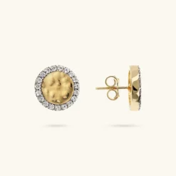 Orecchini a Lobo in Argento 925 Placcati Oro Giallo 18kt con Disco Martellato e Pavé in Cubic Zirconia