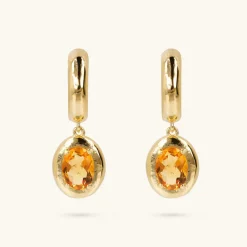 Orecchini Pendenti Martellati in Argento 925 placcato Oro Giallo 18Kt con Pietra Naturale Ovale