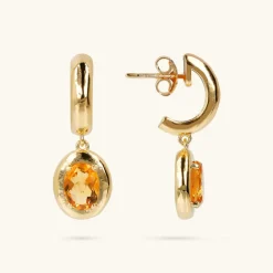 Orecchini Pendenti Martellati in Argento 925 placcato Oro Giallo 18Kt con Pietra Naturale Ovale