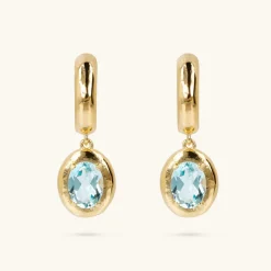 Orecchini Pendenti Martellati in Argento 925 placcato Oro Giallo 18Kt con Pietra Naturale Ovale